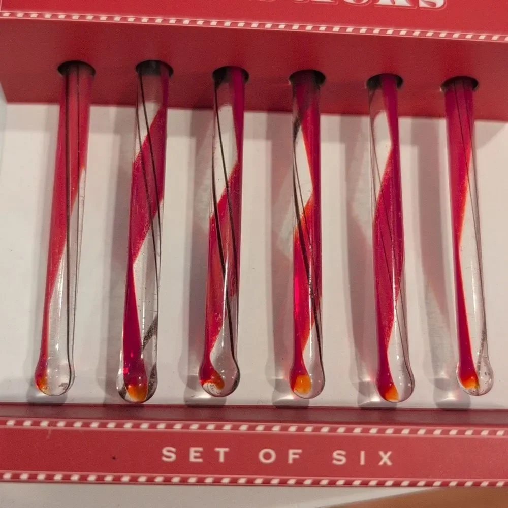 Williams Sonoma Red Swirl Peppermint Glass Stir Sticks Vintage Set Of 6